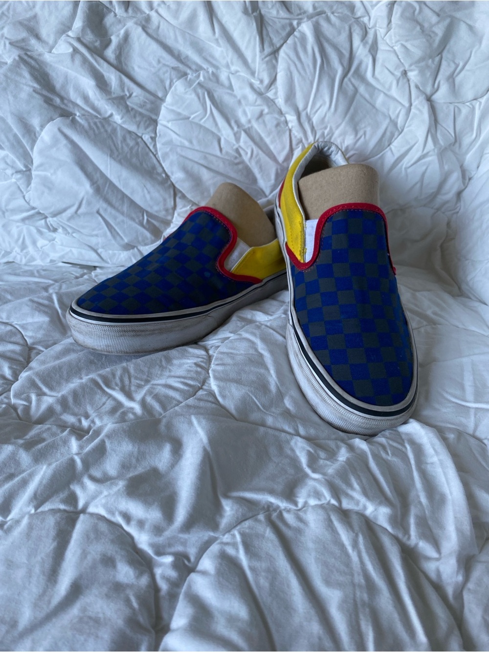 Vans Slip-On Sneakers in Blue Checker with Yellow & Red Accents